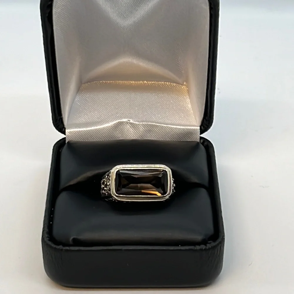 Smokey Quartz by Sarah Blaine for Willow House rectangular Bali Swirl Ring 7.5